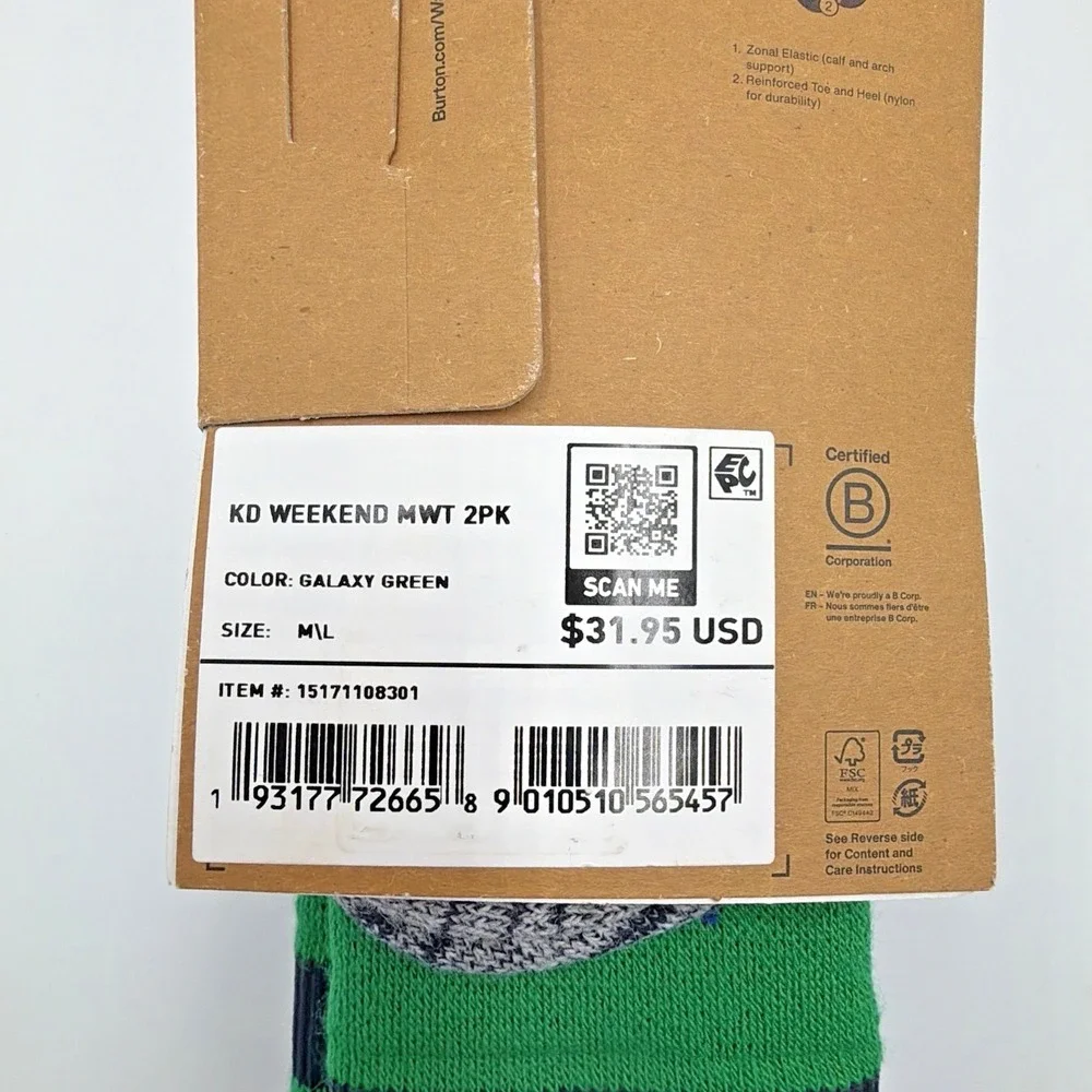 2 Pack Burton‎ Weekend Midweight Kids Medium/Large (2-4) Galaxy Green Socks NEW